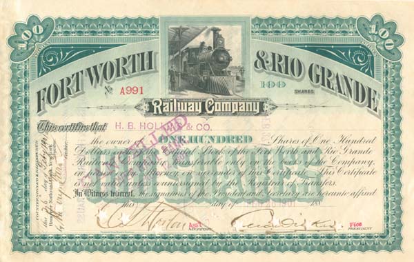 Fort Worth & Rio Grande Railway Co. - Fully Issued Texas Railroad Stock Certificate